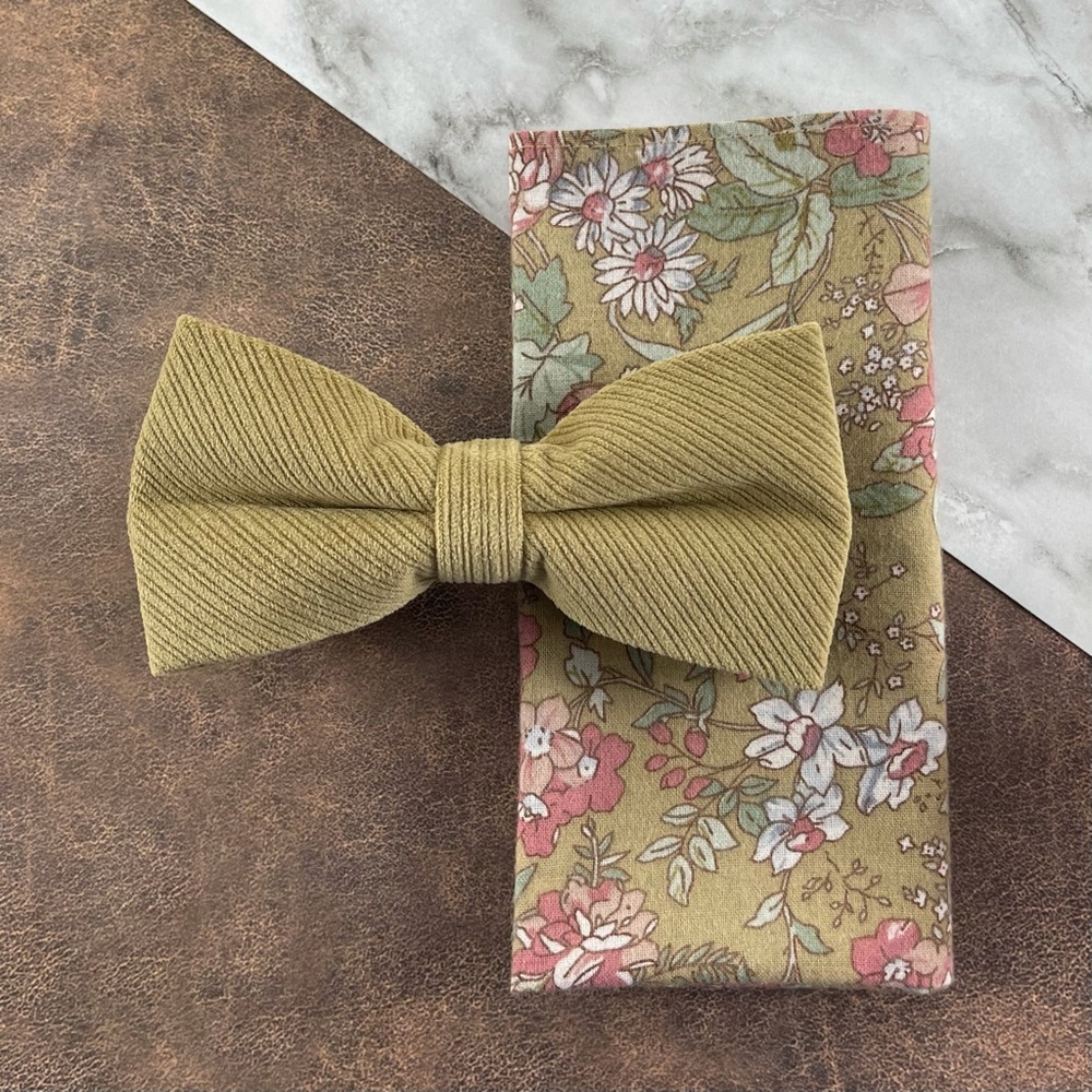 Men’s Coyote Tan Velour Striped Bow Tie & Desert Boho Floral Pocket Square Set